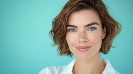 friendly woman with short, wavy hair smiles against turquoise background, exuding warmth and confidence. Her bright eyes and natural makeup enhance her approachable demeanor