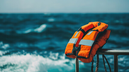 bright orange life jacket displayed on boat rail, with ocean waves in background, symbolizes safety and adventure on water
