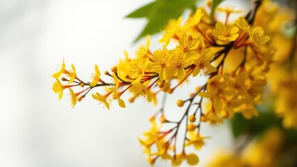 Obraz premium A delicate cluster of bright yellow blossoms on a slender branch against a soft, blurred background, showcasing the beauty of nature's vibrant colors.