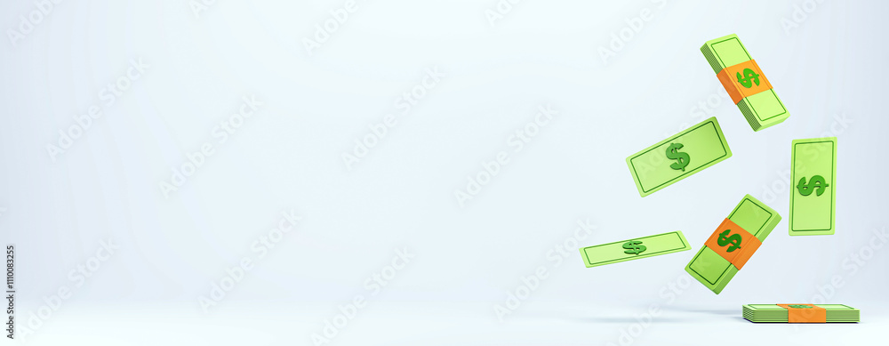 Poster falling green stacks of money with orange bands in light background. 3d rendering