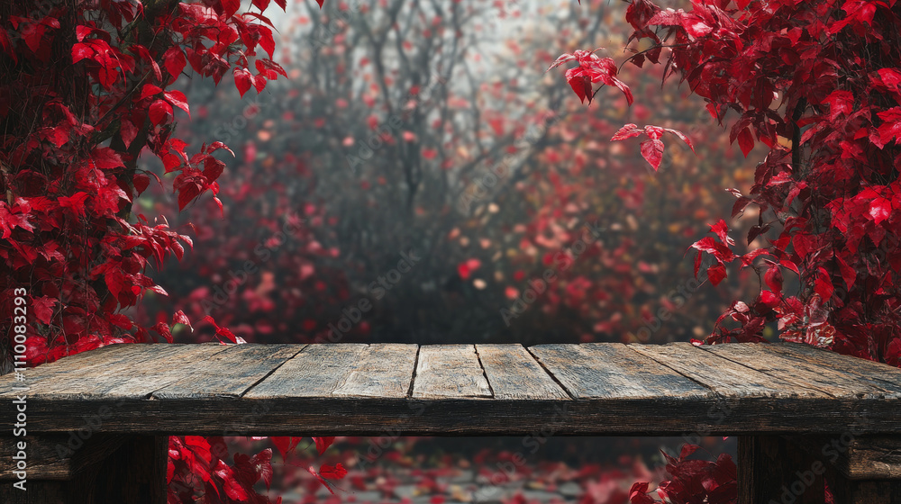Aufkleber empty wood table top and blurred autumn tree and red leaf background - can used for display or monta