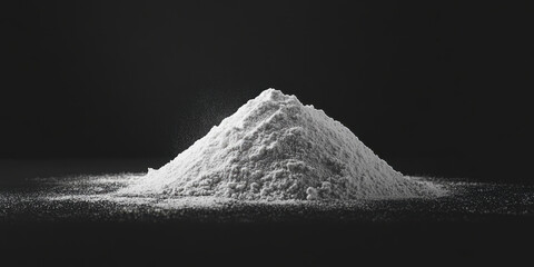small pile of white powder on dark background, creating striking contrast. texture and shape of powder evoke sense of simplicity and elegance