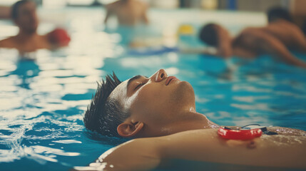 lifeguard relaxing in swimming pool, demonstrating calmness and focus. scene captures essence of water safety and training