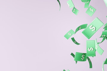 Falling green dollar bills on a light grey background. 3D Rendering