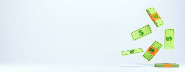 Falling green stacks of money with orange bands in light background. 3D Rendering