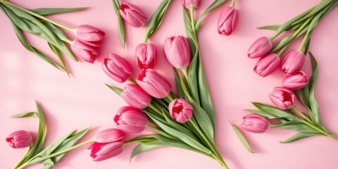 Fototapeta premium A delicate arrangement of vibrant pink tulips with verdant leaves scattered across a soft, blush-colored backdrop.