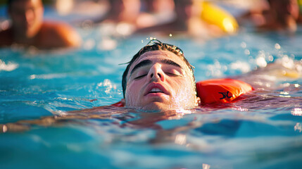 Lifeguard demonstrating CPR during rescue training session in pool. scene captures importance of safety and preparedness in aquatic environments