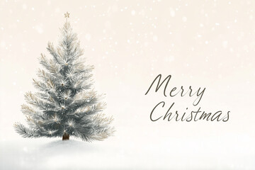 Traditional holiday greeting card featuring a frosted Christmas tree and gentle snowfall in a clean, light design.