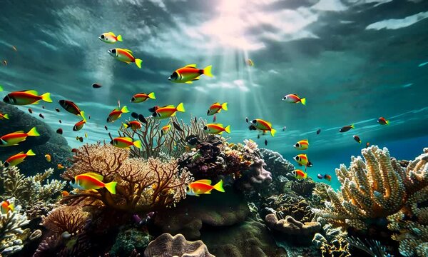 Vibrant Underwater Coral Reef Scene with Colorful Fish