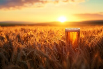 Charming beer glass in a wheat field at sunset, evoking a refreshing beverage experience