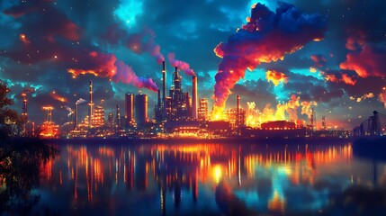 Obraz premium Night industrial cityscape reflected in water, vibrant colors, smoke stacks.