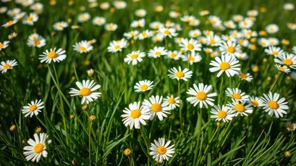 Fototapeta premium A vibrant meadow bursting with delicate white daisies, their golden centers glowing against the lush green grass.