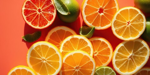 Fototapeta premium Citrus Fruit Slices Arranged in a Colorful and Saturated Pattern on a Vibrant Orange Background