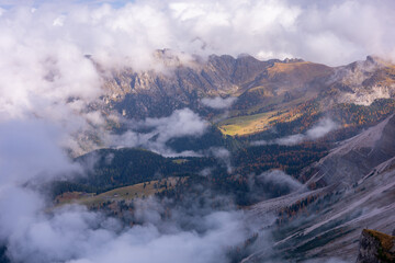 The specular landscape of Seceda mountain in Autumn season, Dolomite, Italy.