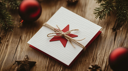 Cozy holiday greeting card design featuring a red star decoration tied with twine on a simple red-and-white background.