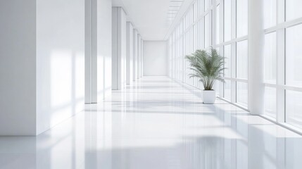 Obraz premium Minimalist hallway with white walls, subtle decor, and large windows creating a bright and welcoming pathway