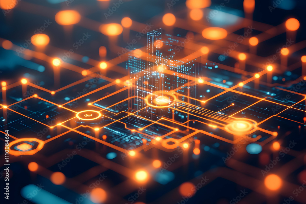 Poster abstract digital data network, glowing nodes and connections, futuristic technology concept.