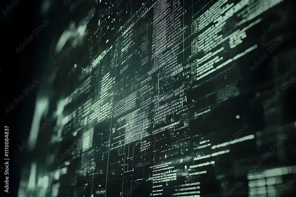 Poster abstract digital data stream, glowing green code on dark background.