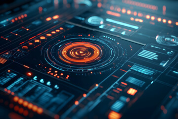 Abstract digital interface with glowing HUD elements.