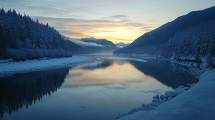 Obraz premium Tranquil winter scene of mendenhall river in the tongass national forest with the warm glow of light from the sunset reflecting a mirror image on the water- juneau, alaska, united states of america