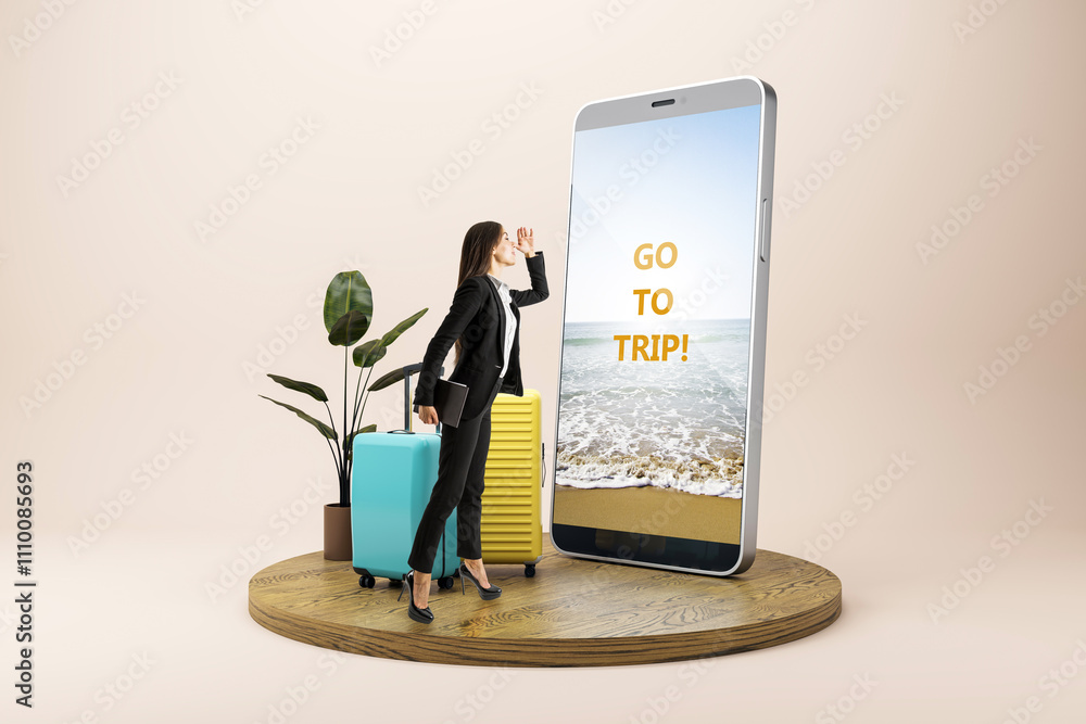 Poster woman with suitcases standing near a giant smartphone displaying go to trip text on a light backgrou