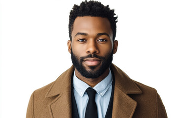 Front close-up ID photo of a black man with short, regular hair and a beard, wearing a light blue shirt and black tie, dressed in a brown overcoat