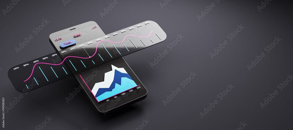 Poster Smartphone with digital trading interface displaying charts and stats, on a dark background, representing online finance and analysis. 3D Rendering