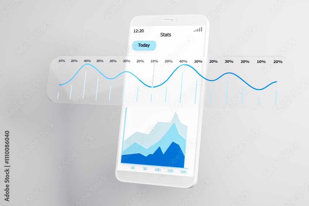 Poster smartphone displaying financial stats and graphs in blue tones on a clean white background. 3d rende