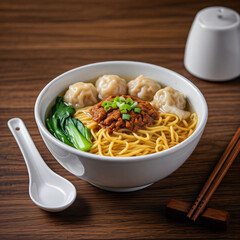 Malaysian wonton noodles with char siu and bok choy in bowl