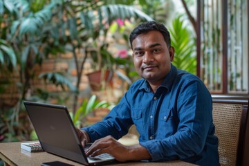 Portrait of handsome young indian man using laptop and earphone at home office