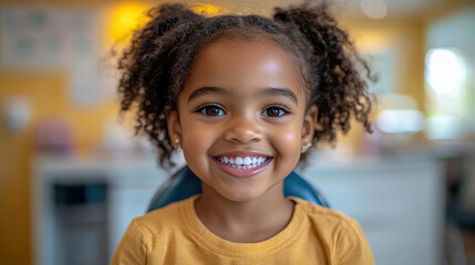 Smiling African American girl with curly hair in dental office, showcasing joy and confidence. Her bright smile radiates happiness and warmth