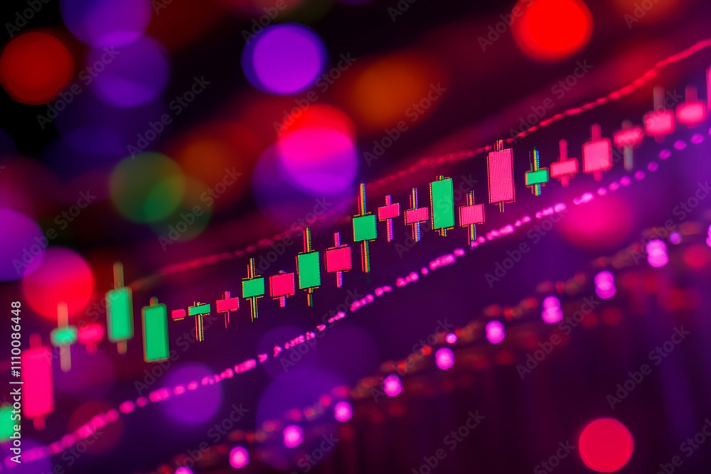 Poster abstract financial chart with colorful bokeh background.