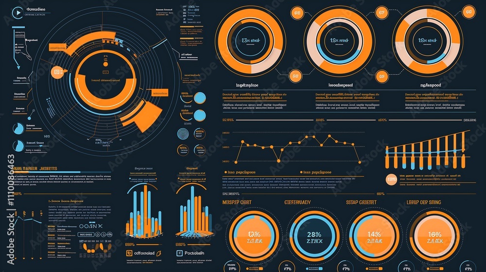 Poster infographic design with circular graphs illustrating employee engagement scores and bar charts track
