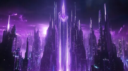 Fototapeta premium Illustration of a futuristic skyscraper building shining with neon lights, towering high.