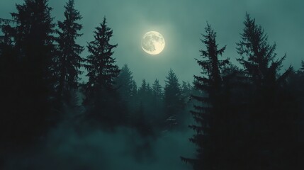 Full moon shining over misty forest at night.