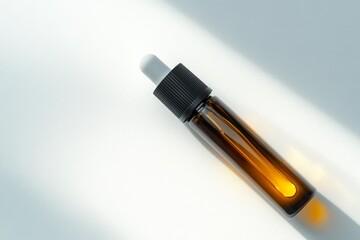 A sleek brown glass dropper bottle is captured in soft lighting. The minimalist design emphasizes clarity and elegance. Perfect for essential oils and serums. Generative AI