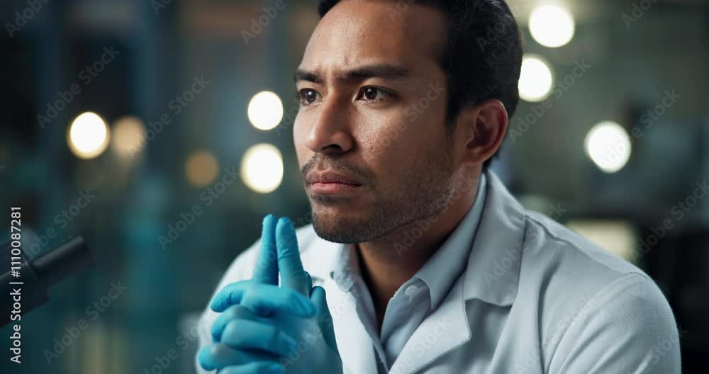 Aufkleber Thinking, scientist and question with study, vision and problem solving for examination or experiment. Doctor, male person and planning for results in research, testing or ideas in medical laboratory