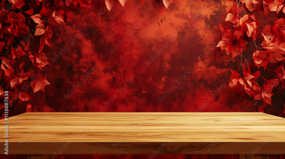 Aufkleber empty wood table top and blurred autumn tree and red leaf background - can used for display or monta