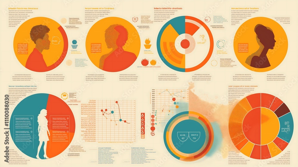 Poster infographic design with circular graphs illustrating employee engagement scores and bar charts track