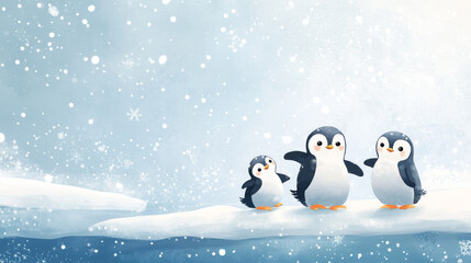 Winter wonderland landscape at arctic ocean with penquin family playing ice skating and standing on ice edge with snowing. Cute animals banner for New Year and Merry Christmas greeting card 2022