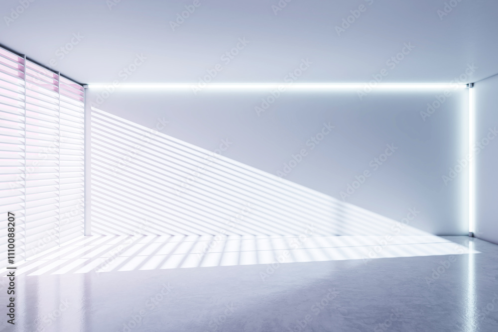 Poster minimalist white room interior with sunlight streaming through blinds creating striped shadows on th
