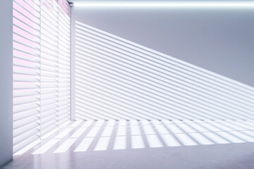 Minimalistic bright room corner with sunlight casting striped patterns through blinds on the wall and floor surface. 3D Rendering