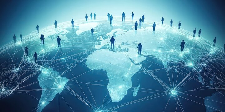 A conceptual visualization of a digital network of people connected by lines and nodes across a globe, representing international collaboration.