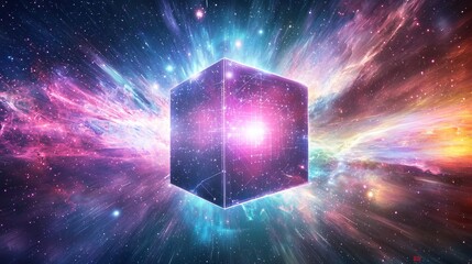 A vibrant cosmic scene featuring a glowing cube surrounded by a burst of colorful galaxies and stars.
