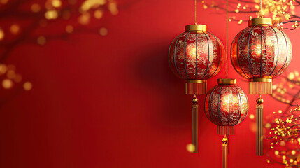 3D rendering of a Chinese New Year background with red lanterns and golden decorations on the left side of the frame