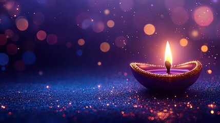 Photo of a Diwali background with a burning oil lamp, purple and blue colors, shiny lights, and sparkles