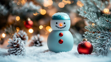 Obraz premium Merry christmas and happy new year greeting card with copy-space.Happy snowman standing in winter christmas landscape.Snow background