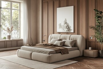 Fototapeta premium Minimalist Bliss: Modern Bedroom with Panoramic Views