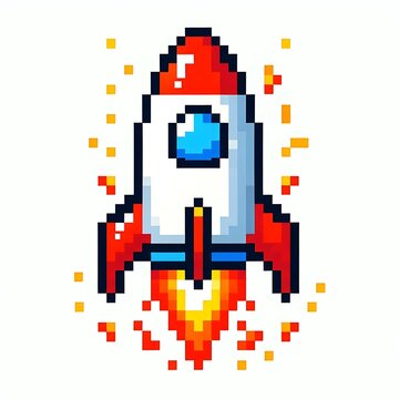 Pixel art rocket launching with flames.