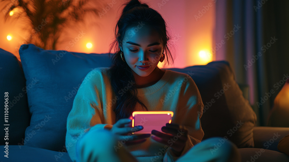 Poster backview of caucasian woman connecting to animated stream of content. browsing multimedia all-in-one